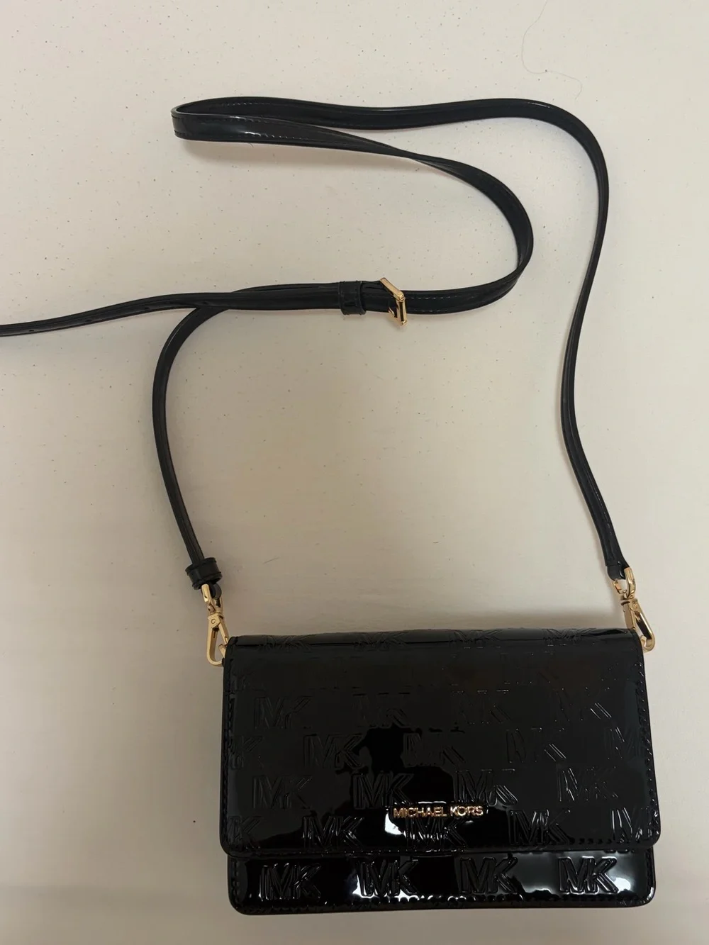 Michael Kors Black Patent Embossed MK Crossbody Wallet with Gold Hardware